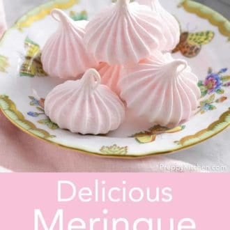 Pinterest graphic showing a pile of meringue cookies on a patterned plate.