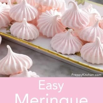 Pinterest graphic showing lots of meringue kisses on a platter with more around it.