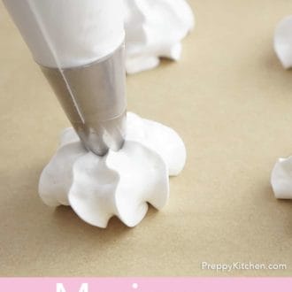 Pinterest graphic showing meringue cookies piped onto parchment paper.