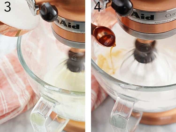 Set of two images showing egg whites being whipped with sugar to make meringue, and vanilla added.