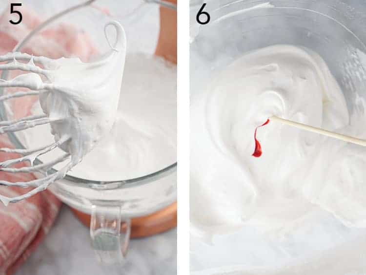 Set of two images showing meringue whipped to stiff peaks and colored with pink food coloring.