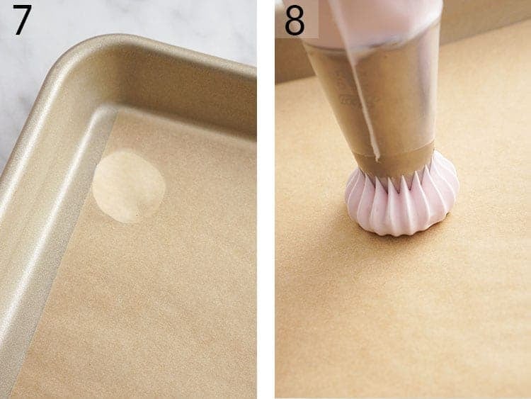 Set of two images showing soft pink meringue batter used to stick down parchment paper and also piped onto a baking sheet.