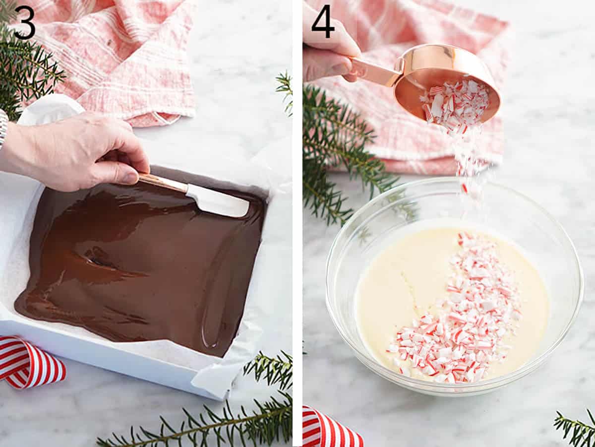 Two photos showing dark chocolate being smoothed and candy cane pieces bing added to white chocolate to make peppermint bark.