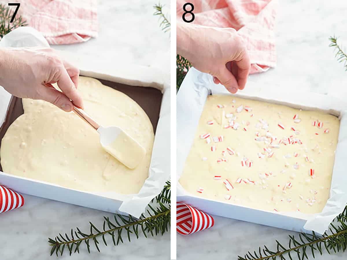 Two photos showing white chocolate being smoothed and sprinkled with candy canes to make peppermint bark.