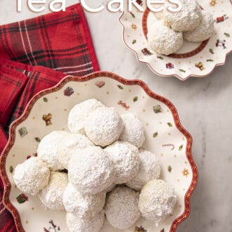 Pinterest graphic of several Russian tea cakes on a Christmas themed plate.