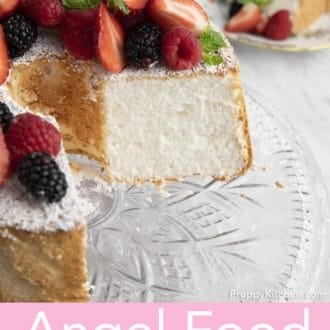 Pinterest graphic of an angel food cake on a glass cake stand with a slice cut and plated in the background.