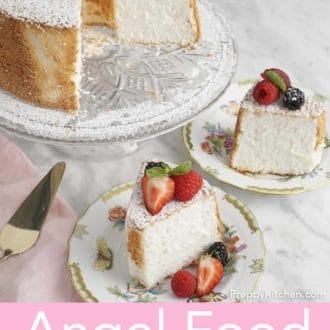 Pinterest graphic of an angel food cake on a cake stand and two slices plated in front.