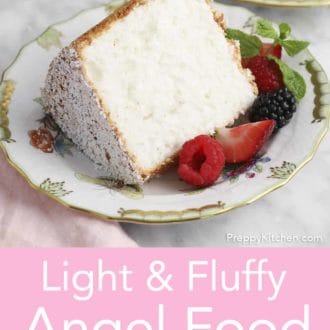 Pinterest graphic of a slice of angel food cake on a plate with berries.