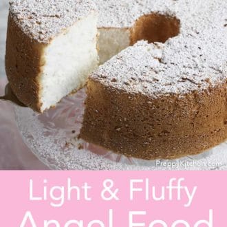 Pinterest graphic of a slice of angel food cake lifted from a glass cake stand.