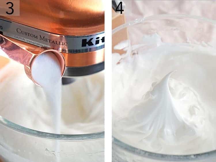 Set of two photos showing tablespoon of sugar getting poured into the bowl of a stand mixer filled with whipped egg whites to make angel food cake.