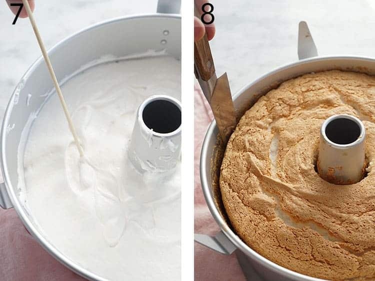 Set of two photos showing a skewer running through batter and a knife running along the edge of a baked angel food cake.