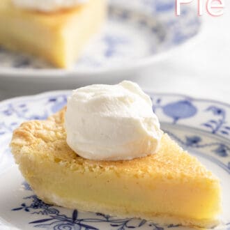 Pinterest graphic of two slices of buttermilk pie on blue and white plates. One in the background out of focus.