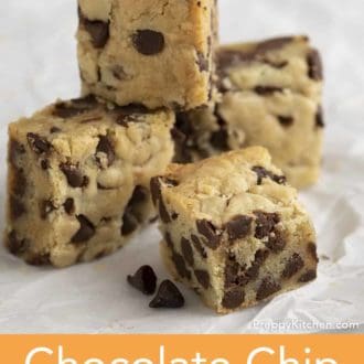 Pinterest graphic of a stack of chocolate chip cookie bars.