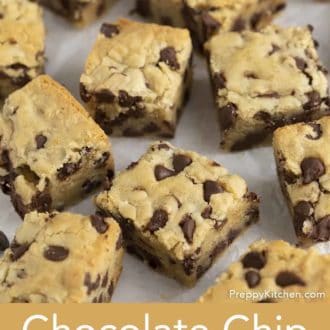 Pinterest graphic of chocolate chip cookie bars on parchment paper.
