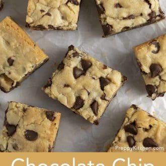 Pinterest graphic of an overhead shot of chocolate chip cookie bars on parchment paper.