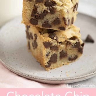Pinterest graphic of two chocolate chip cookie bars stacked on a plate.