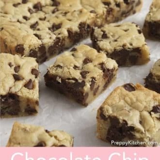 Pinterest graphic of chocolate chip cookie bars on parchment paper.