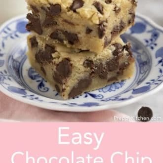 Pinterest graphic of two chocolate chip cookie bars on a plate.