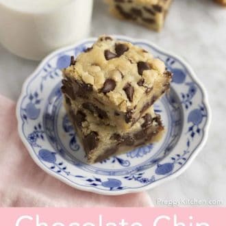 Pinterest graphic of two chocolate chip cookie bars on a plate with a glass of milk on the side.