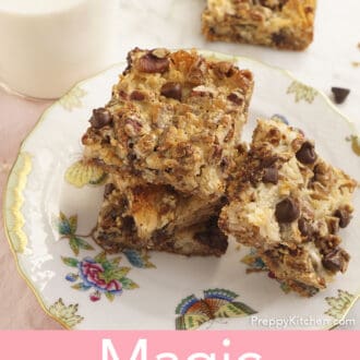 Pinterest graphic of magic cookie bars on a plate next to a glass of milk.