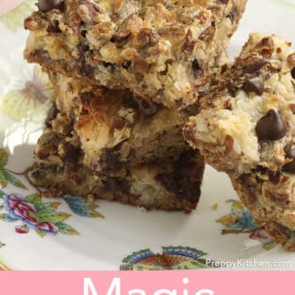 Pinterest graphic of four magic cookie bars on a plate.