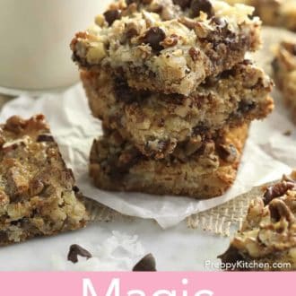 Pinterest graphic of three magic cookie bars magic cookie bars stacked.