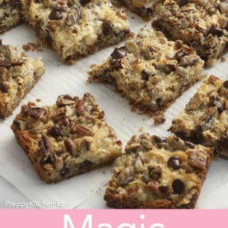 Pinterest graphic of magic cookie bars on parchment paper.