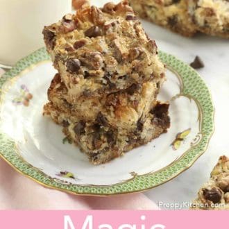 Pinterest graphic of magic cookie bars stacked on a plate.