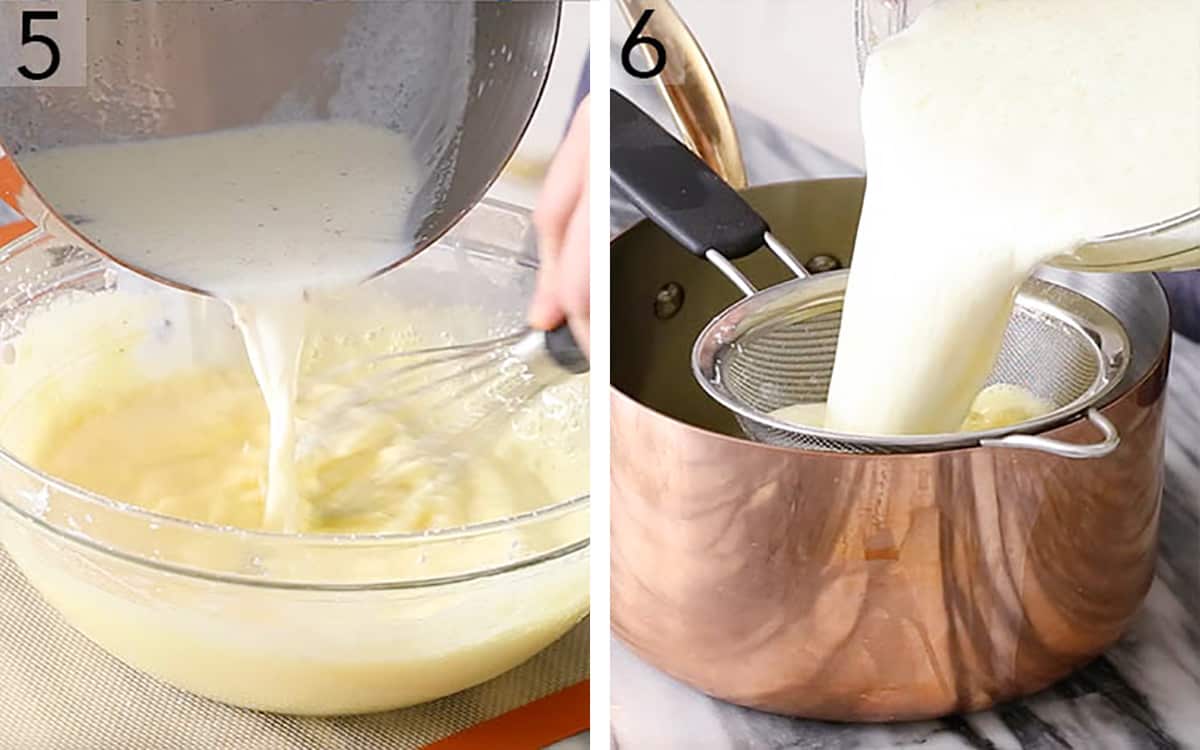 Set of two photos showing hot milk pouring into an egg yolk mixture and strained.