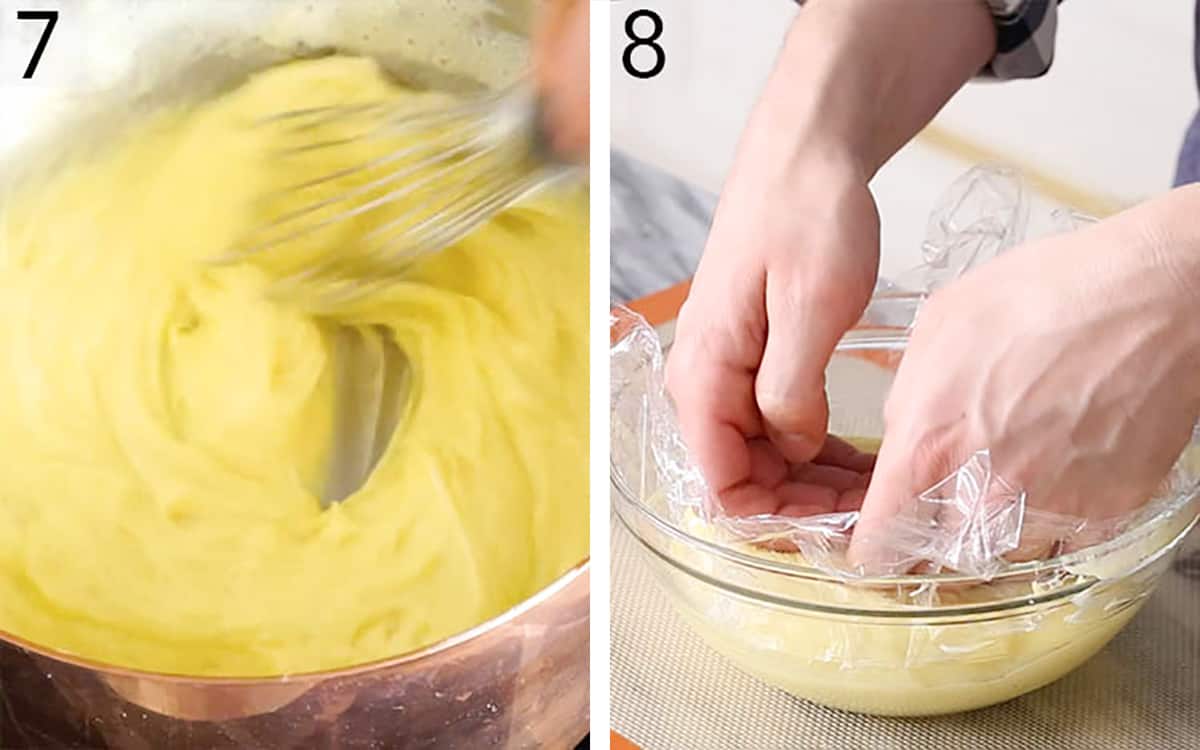 Set of two photos showing pastry cream whipped and getting covered to chill.