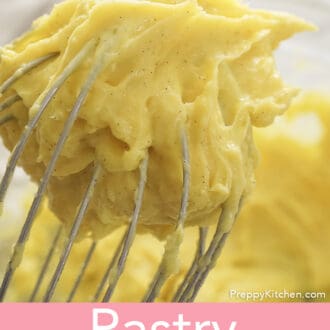 Pinterest graphic of pastry cream on a whisk.