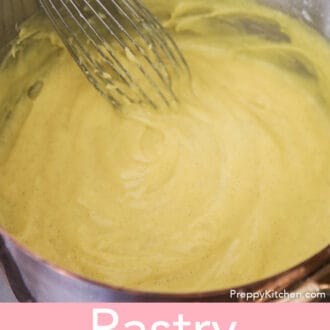 Pinterest graphic of pastry cream getting whisked in a copper pot.