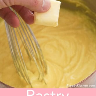 Pinterest graphic of butter getting added to a pot of pastry cream.