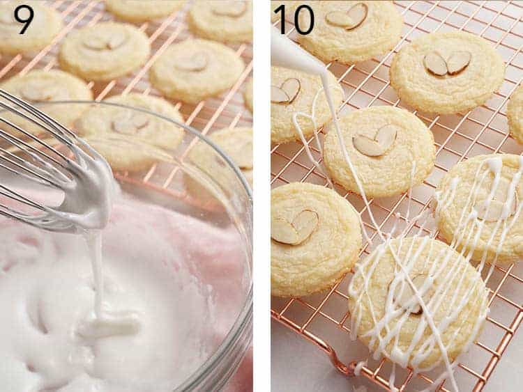 Almond cookies getting drizzled with almond glaze.