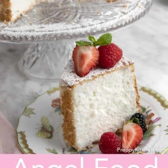 Pinterest graphic of a slice of angel food cake on a plate topped with berries.
