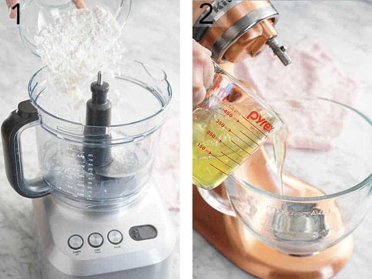 Set of two photos showing sugar added to a food processor and egg whites added to a mixing bowl.
