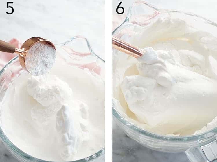 Set of two photos showing dry ingredients folded into whipped egg whites. 