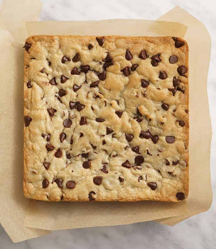 Overhead view of chocolate chip cookie bar slab before being cut.