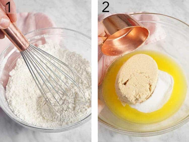 Set of two images showing dry and wet ingredients mixed separately.