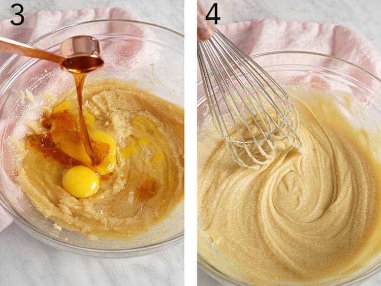 Set of two images showing eggs and vanilla getting mixed into the other wet ingredients.