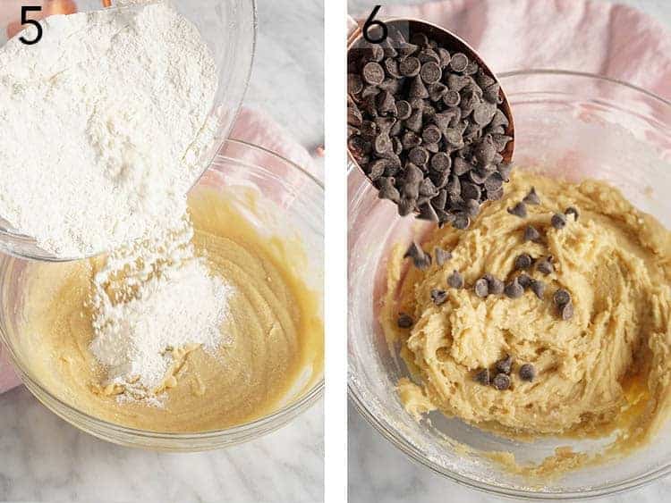 Set of two images showing flour and chocolate chips going into Chocolate Chip Cookie Bar dough.