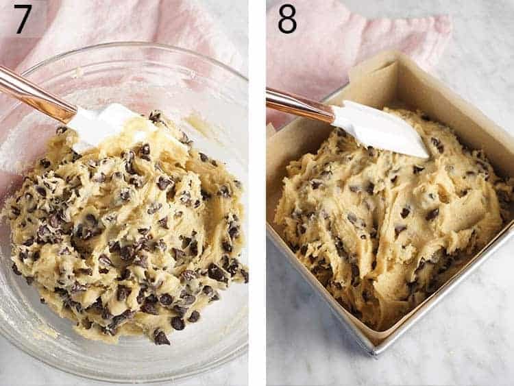 Set of two images showing chocolate Chip Cookie Bar dough spread into a baking dish.