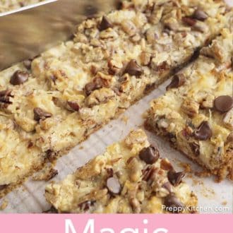 Pinterest graphic of magic cookie bars cut.