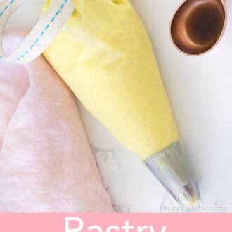 Pinterest graphic of a piping bag filled with vanilla pastry cream.