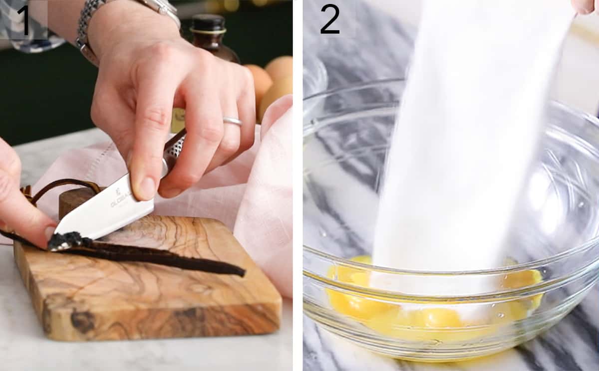 Two photos showing egg yolks and sugar mixing