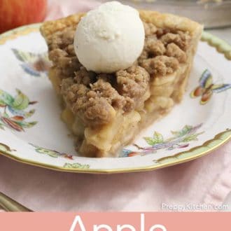 Pinterest graphic of a piece of apple crumble pie on a plate with a scoop of ice cream on top.