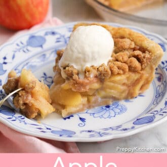 Pinterest graphic of an apple crumble pie on a porcelain plate getting eaten with a golden fork.