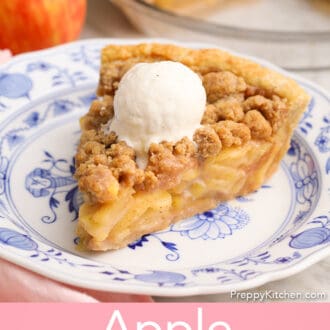 Pinterest graphic of an apple crumble pie on a blue and white plate. An apple and more pie in the background.