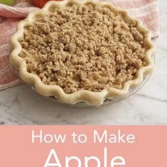 Pinterest graphic of an unbaked apple crumble pie in a glass pie dish.