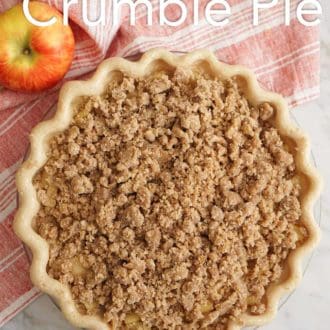 Pinterest graphic of an apple crumble pie in a glass pie dish before baking.